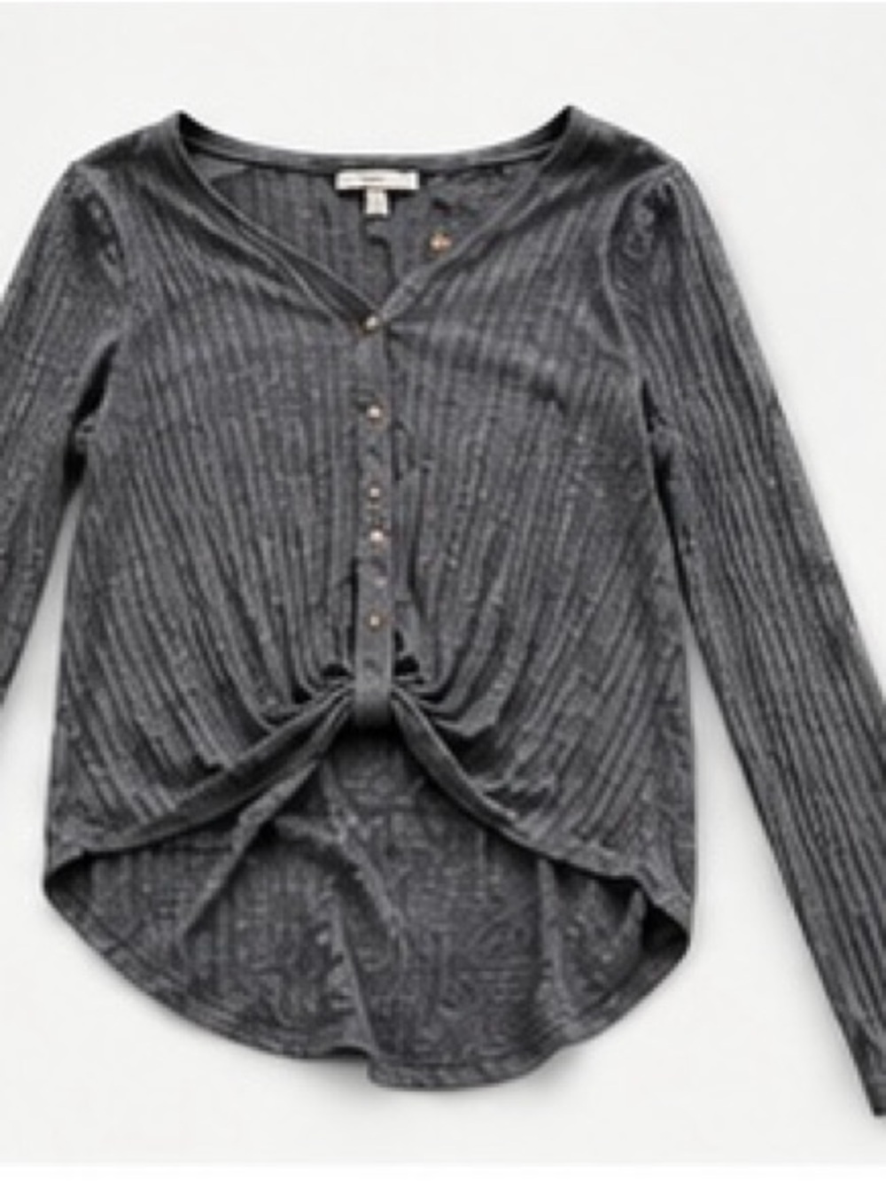 Womens Gray Ribbed Long-Sleeve Knot-Front Top